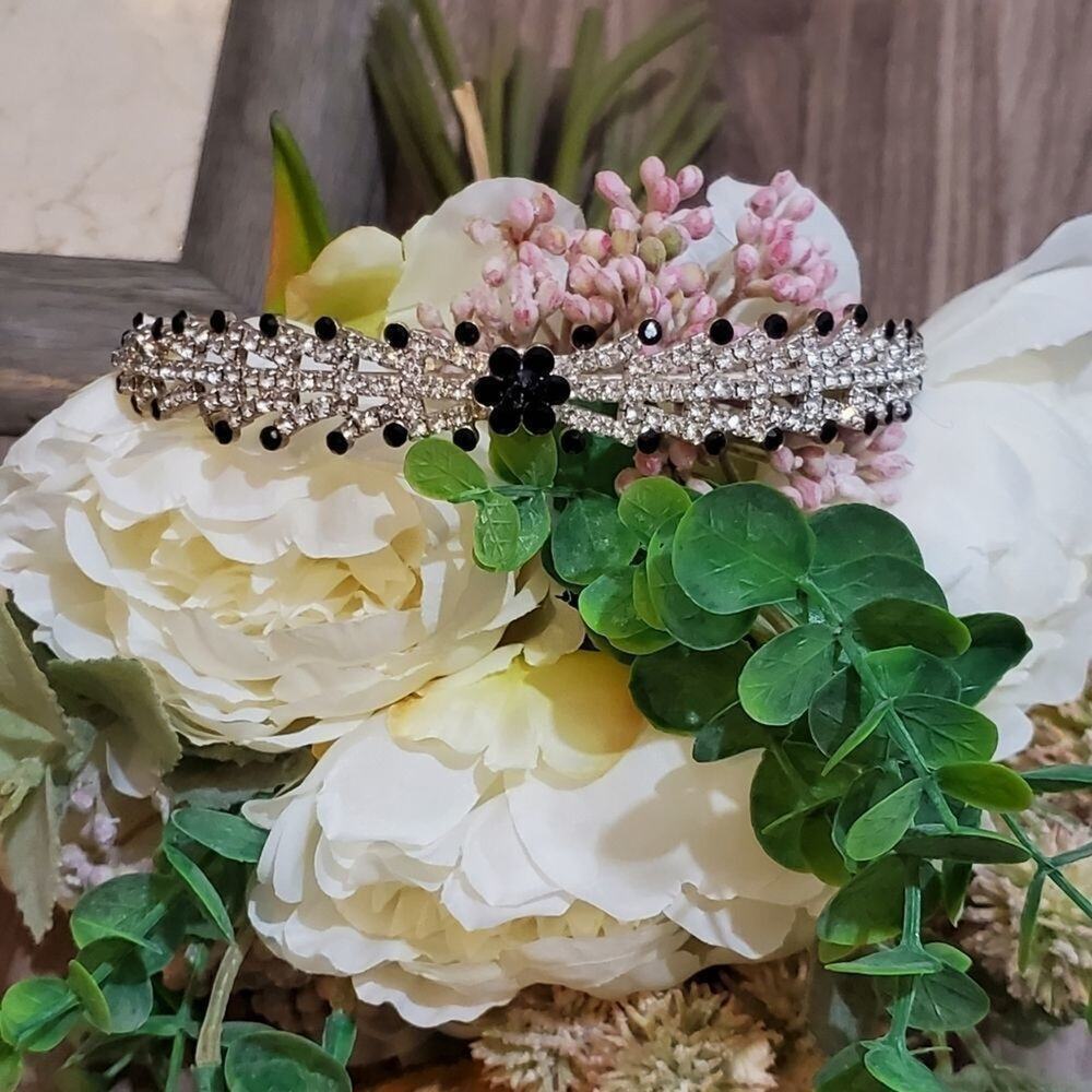 Vintage Style Silver Black Rhinestone Flower Lattice Tiara Headband Accessory